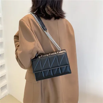 Модерна дамска чанта през рамо с обикновен капак, малка квадратна чанта през рамо, луксозна стеганая чанта-месинджър чанта и чантата Bolsa