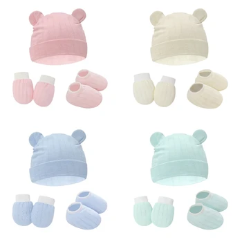1 комплект детски ръкавици от надраскване, капачка за ушите, калъф за краката, меки памучни ръкавици за новородено, чорапи, шапка, без драскотини