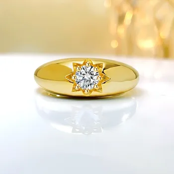 Бъде позлатен пръстен с подсолнухом от сребро 925 проба и с изкуствен бял диамантен пръстен, уникален и универсален дизайн