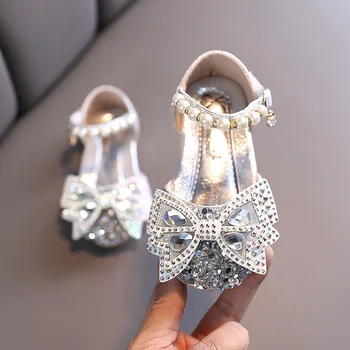 Нови Танцови Обувки За Момичета, Обувки С Кристали, Сандали, Детски Обувки на Принцесата за Сватбени Партита, Розово Сребро E260
