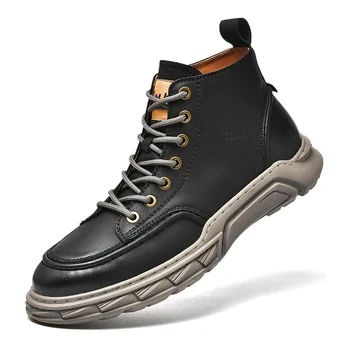 38-44 кафява кожена ежедневни обувки със среден покрив за мъже 2022, есенни и зимни улични маратонки за мъже, мода обувки за ходене без връх