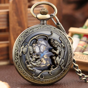 Джобни часовници в ретро стил Half Хънтър, китайски страхотна диви зверове, механични Мъжки подарък джобни часовници-ключодържател на веригата с ръчно от