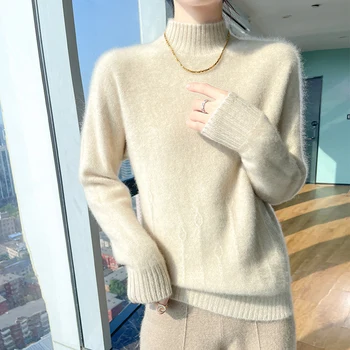 Жена Секси жена вязаный на една кука пуловер от 100% Мериносова вълна, зимна Вълнен женски пуловер с имитация на шията