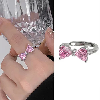 Модната фея сладки сънища, романтична винтажное пръстен с розов кристал и лък от цирконий, отворен пръстен за жени, сватбени естетически декорации, аксесоари Y2K