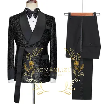 2023 Изработена По поръчка Лъскав Черен Смокинг на Младоженеца, Двубортный Мъжки Костюм За Бала, Сватбени партита, Мъжки костюми (яке + панталон + колан)