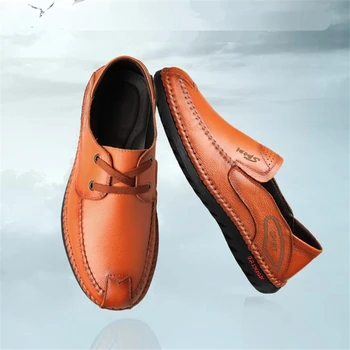 Удобни мъжки ежедневни обувки от естествена телешка кожа, бизнес обувки подметка с шнур