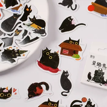 46шт стикери Сладко Mr. Black Cat Kawaii, украса за ежедневника за scrapbooking със собствените си ръце, Корейски, Канцеларски материали, пликове, етикети за запечатване