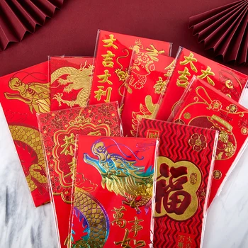 6шт 2024 Червени пликове в китайски стил, Коледен подарък, пакети за Пролетния фестивал, парични торбички с Дракон и Зодиаком, подаръци за нова година на фестивала