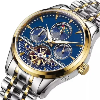 Мъжки класически напълно автоматични механични часовници Водоустойчиви бизнес часовник с каишка от неръждаема стомана, автоматични механични часовници-скелет