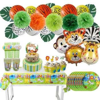 Декорация за детски рожден Ден в джунглата, животни в джунглата, Сафари с Лъвове, Topper за бебешка торта, балони от фолио, посуда и прибори за Еднократна употреба