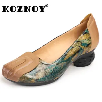 Koznoy/ Елегантни Дамски Обувки на ток 5 см в ретро стил с Етнически принтом, Новост, От Луксозни Художествена Естествена Кожа, Летни Дамски обувки На Масивна ток