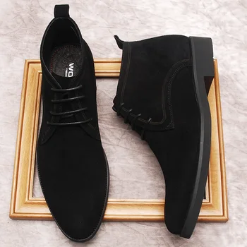 Мъжки ботильоны от естествена зимна кожа, черни мъжки модел обувки ръчна изработка, официалната обувки дантела, Велур луксозни обувки Челси за мъже