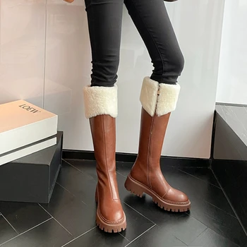 Нови дамски зимни обувки с дебела подметка, плюшени и дебели дълги ботуши до коленете, престрелки ботуши, кожа и кожа интегрирани зимни ботуши за жени