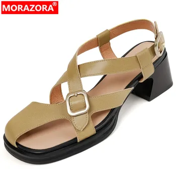 MORAZORA 2023, Нови сандали от естествена кожа, дамски сандали на платформа с катарама, Летни сандали на висок квадратен ток