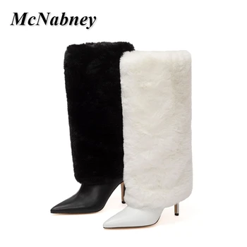 Нови топли кожени памучни модни дамски кожени обувки Зимни ботуши до коляното с остри пръсти на тънък висок ток Дамски Бели ежедневни обувки без закопчалка