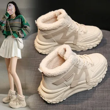 Зимни нови дамски къси плюшени памук, обувки, модни и ежедневни обувки на платформа с шнур за жени, дамски изолирана маратонки на открито