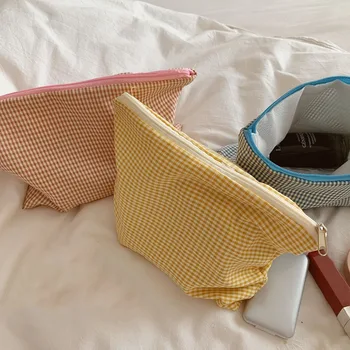 Холщовая дамска чанта Ежедневни дамски косметичка Пътни чанти за съхранение с голям капацитет Прости каре дамски чанти-клатчи