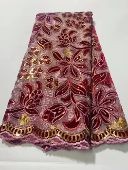 Луксозна Африканска лейси плат с пайети, с висококачествена Френска лейси плат с дължина 5 метра, дантела и тъкани с нигерийски бродерия за сватбени рокли
