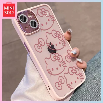 Miniso Hello Kitty Y2K Розово цял екран Линеен Калъф За Телефон Iphone 15 14 13 12 11 Promax Мек Силикон Прозрачен Подарък За Рожден Ден За Момичета