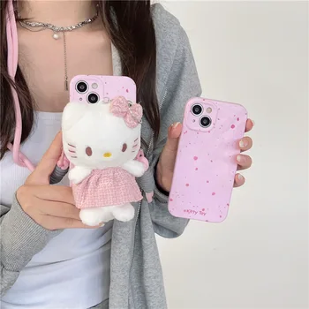 Sanrio Аниме Iphone15 Hellokitty Плюшено Калъфче За Телефон С Дизайн На Kawai Розова Каишка С Наклон За Младо Момиче, Аксесоари За Красота, Подарък За Рожден Ден