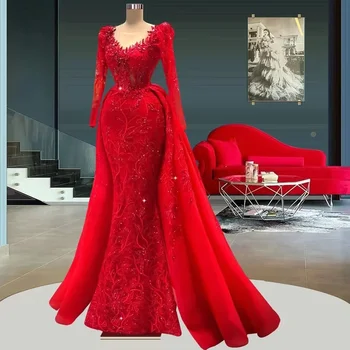 Луксозни вечерни рокли в стил Русалка червен цвят от Дубай С подвижна влак, бродирани хрусталем Дълги ръкави, дантелени вечерни рокли за бала