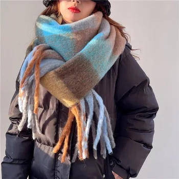 Кариран шал с пискюли за жени, есен-зима, дъгата, блокиране на цвят, кашмир, Мохеровая шал, дебели шал