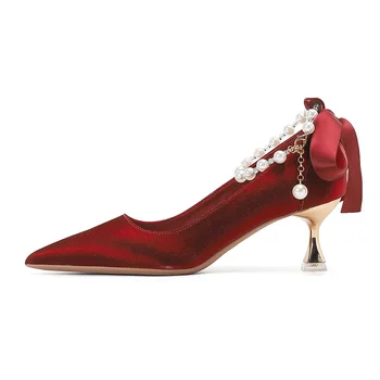 Размер 34-43, остър чорап, новост 2023 г., вино-червено сватбени обувки, дамски обувки-лодка на висок ток