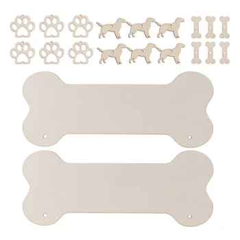 Окачване от 20 броя кучешки кости, дървена табела, намираща хартиен знак и изрязани елементи за окачване на