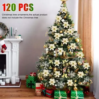 120ШТ Изкуствени Коледни цветове с пайети, Сватбени Венци от Елхи, Украшения, Коледни украси за Коледната сватба