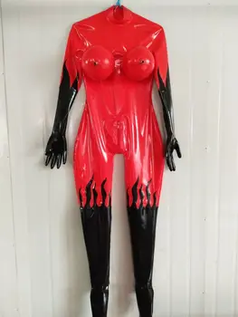 Латексный гащеризон червен и черен цвят, секси гащеризон с цип за cosplay 0,4 мм за Хелоуин