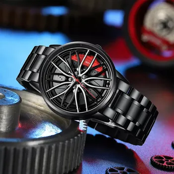 Мъжки творчески часовник във формата на кола, водоустойчив кварцов ръчен часовник от неръждаема стомана, спортни мъжки часовници, Дизайн на автомобилните колела за тийнейджъри