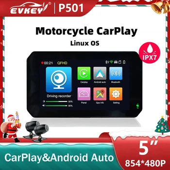 EVKEY P501-D с 5-инчов преносим мотоциклет CarPlay Android с автоматично на дисплея, Водоустойчив монитор с двоен запис на 1080P, Циклично изменение на видео, на дисплея
