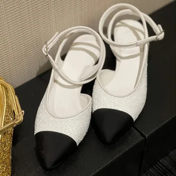 Нови цветни сандали с пайети, дамски обувки на висок ток с остър пръсти, дамски официални модела обувки, секси сандали с нисък ток de las mujeres