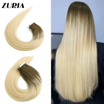 ZURIA 12-24 инчов лента за изграждане на човешки косъм Невидим лепило за патица на кожата Естествен Истински оригинален връзка перуки за жени салон