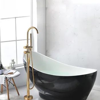 Златен смесител за вана в банята, модерен, с ръчен душ, подови вана с топла и студена вода