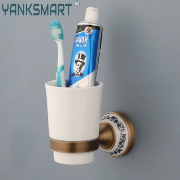 YANKSMART Античен латунная Единично лейси керамични поставки за чаши, аксесоари за баня, стенен държач за четка за зъби, чаша за тоалетни принадлежности